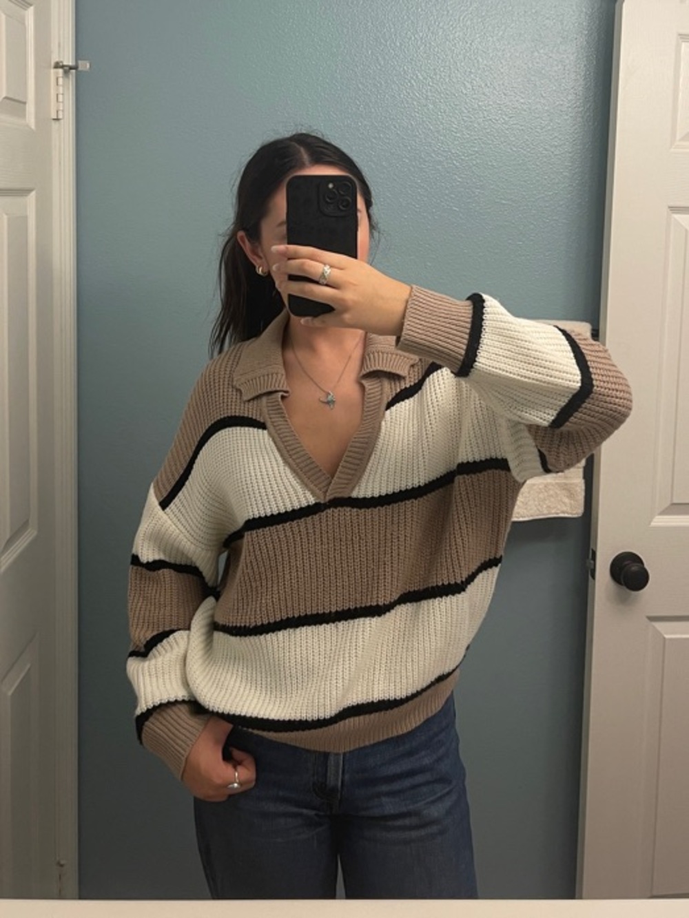 SHEIN Striped V-Neck Collared Sweater in Cream, Tan & Black